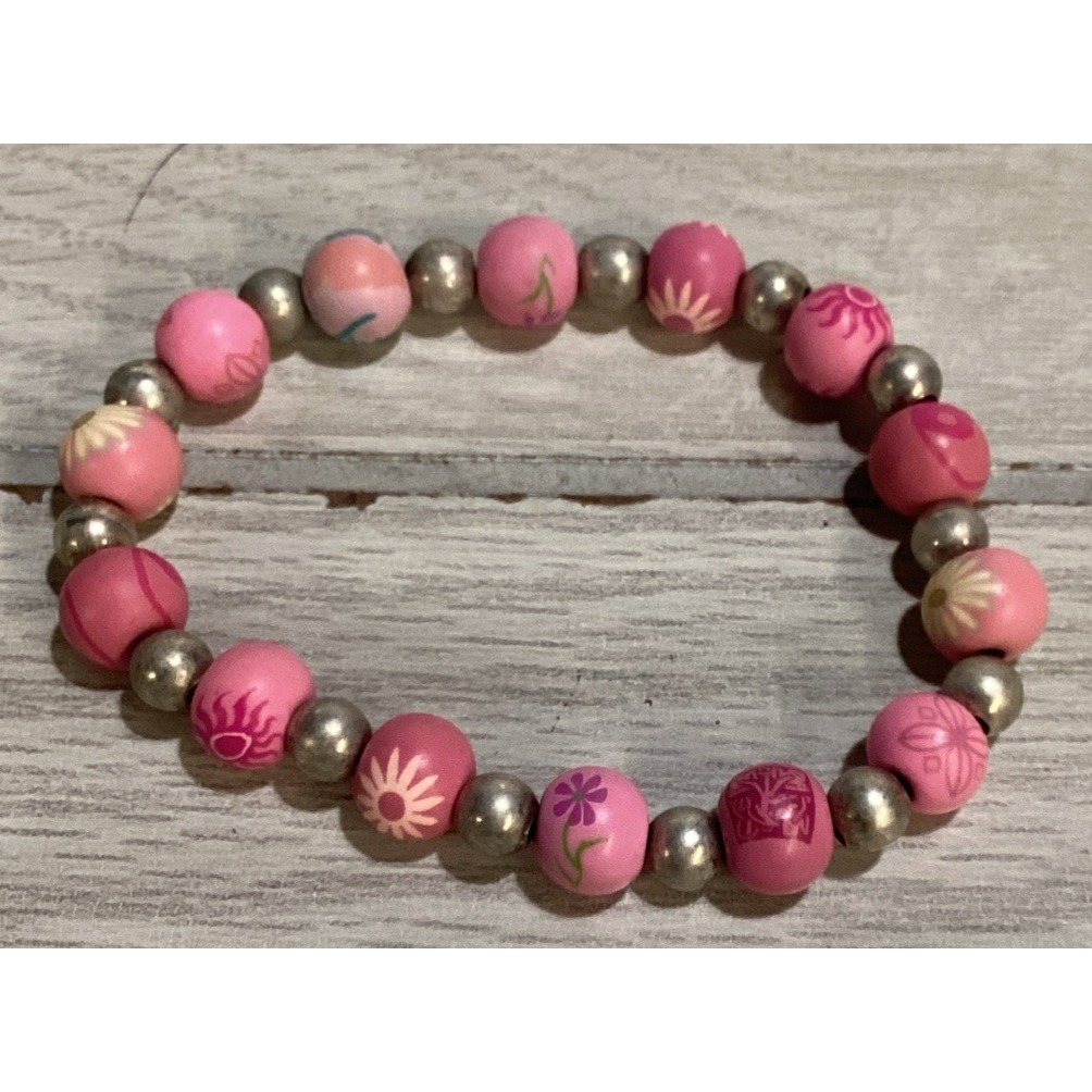 Silvertone Bracelet W/ Pink Wooden Beaded Sun & Flower Painted Design